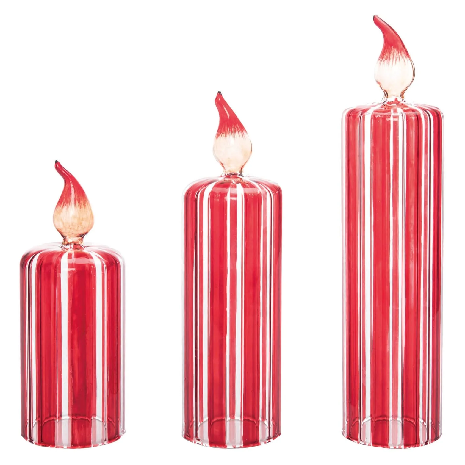 Lighted Red & White Striped Glass Candle Decor Set/3