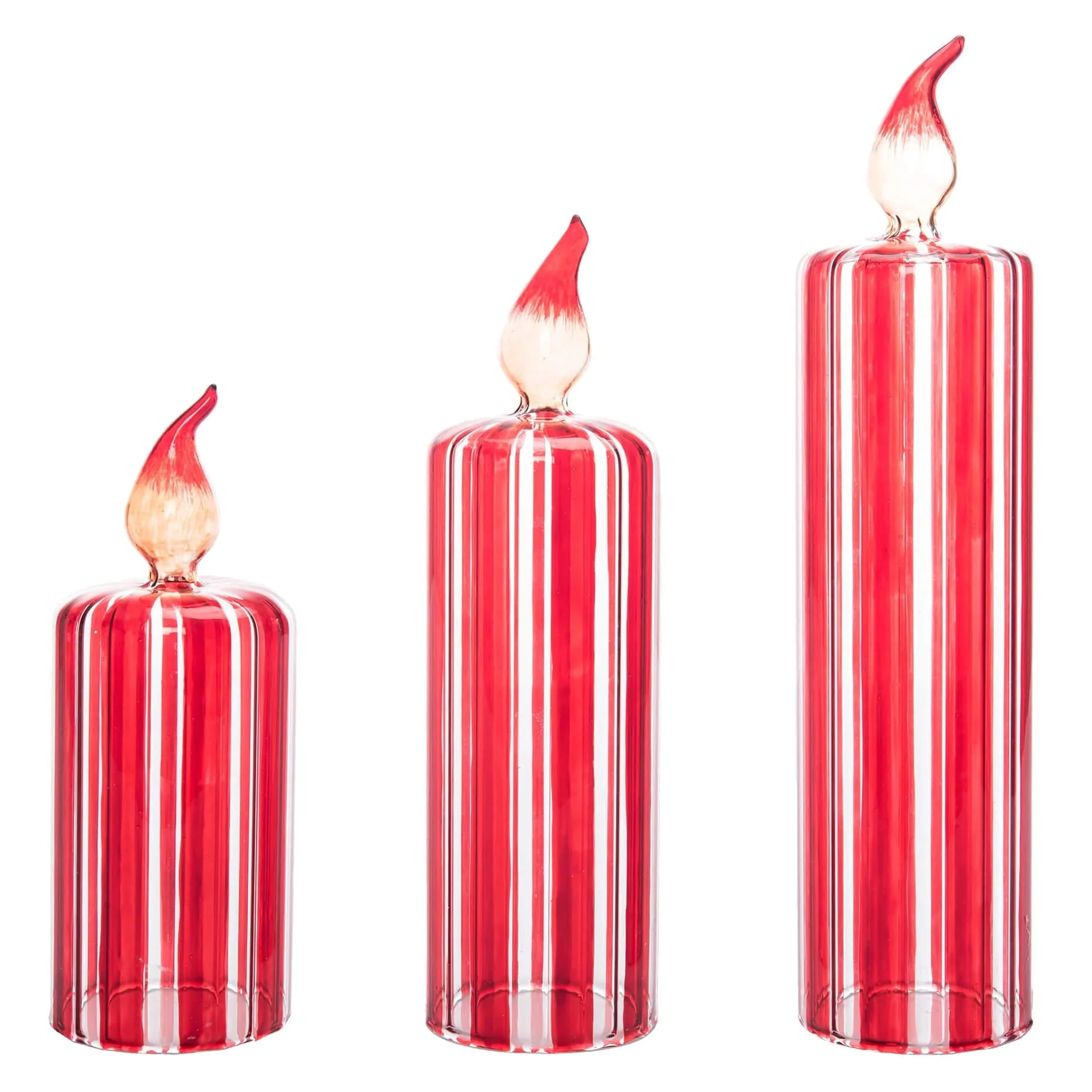 Lighted Red & White Striped Glass Candle Decor Set/3 - Image 2