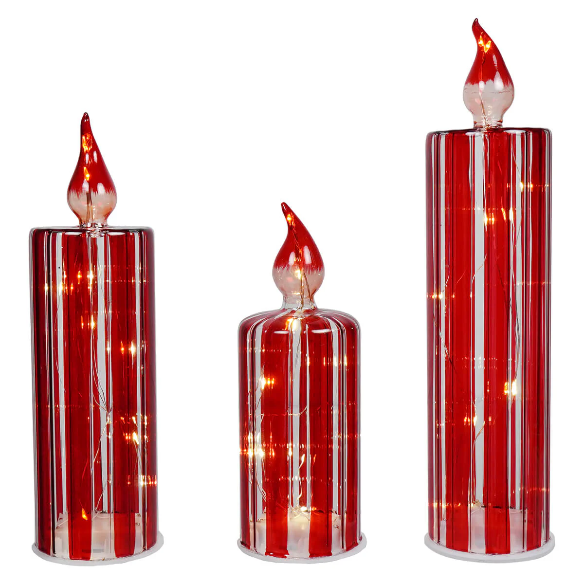 Lighted Red & White Striped Glass Candle Decor Set/3 - Image 3