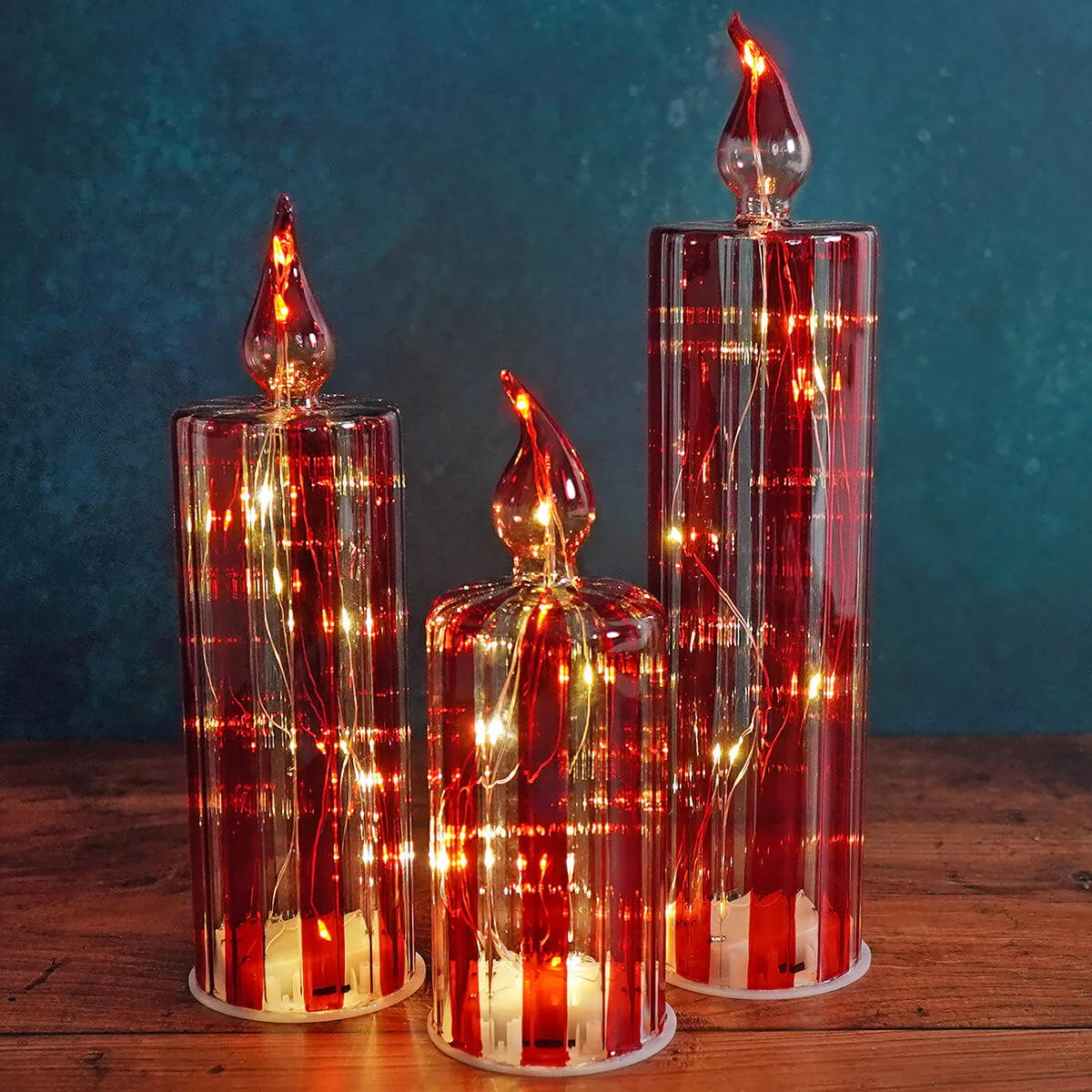Lighted Red & White Striped Glass Candle Decor Set/3 - Image 4