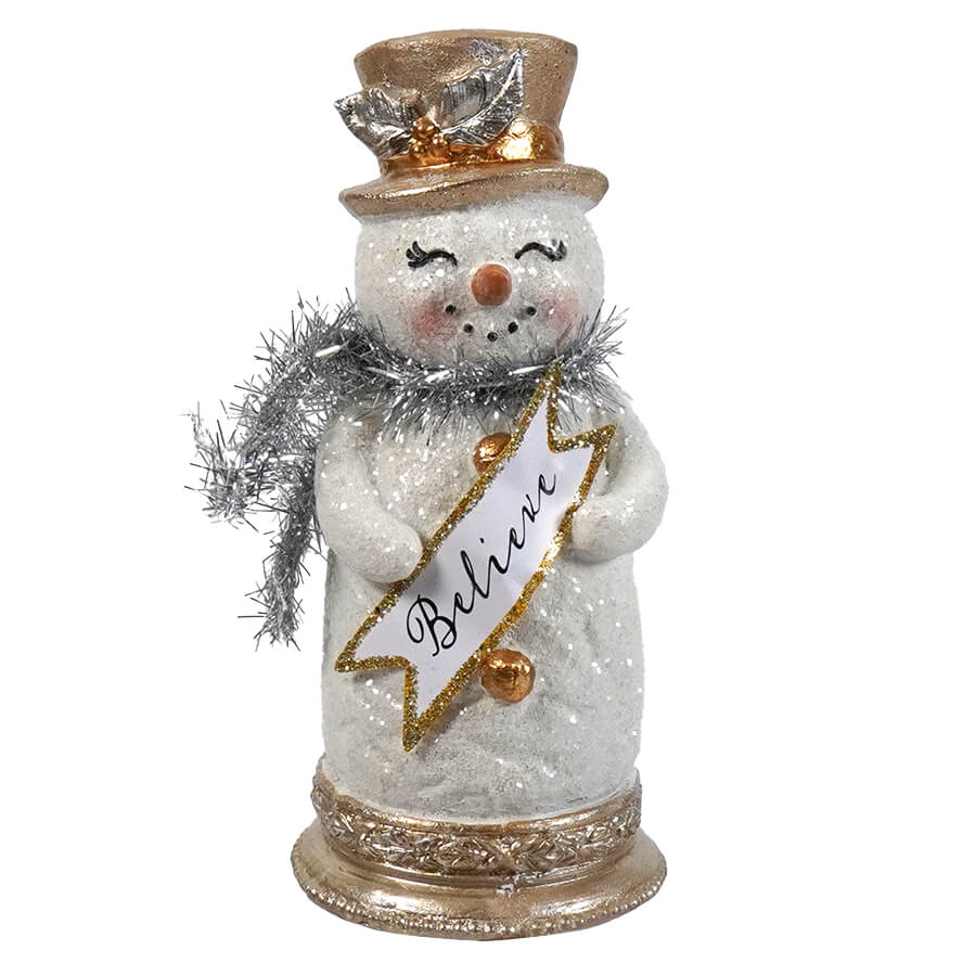Resin Tinsel & Scarf "Believe" Snowman Figurine