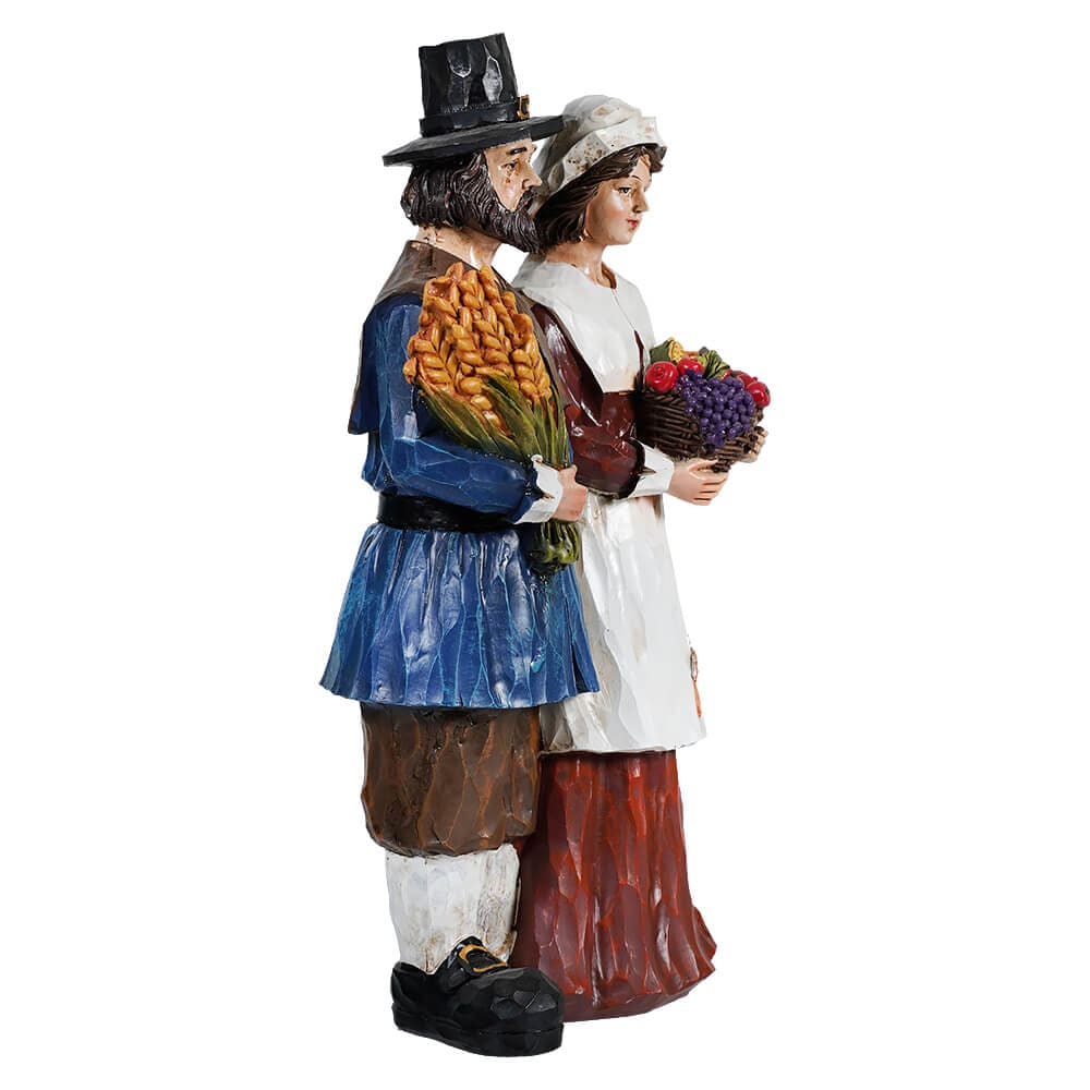 12" Resin Wood Carved Finish Harvest Pilgrim Couple - Image 2