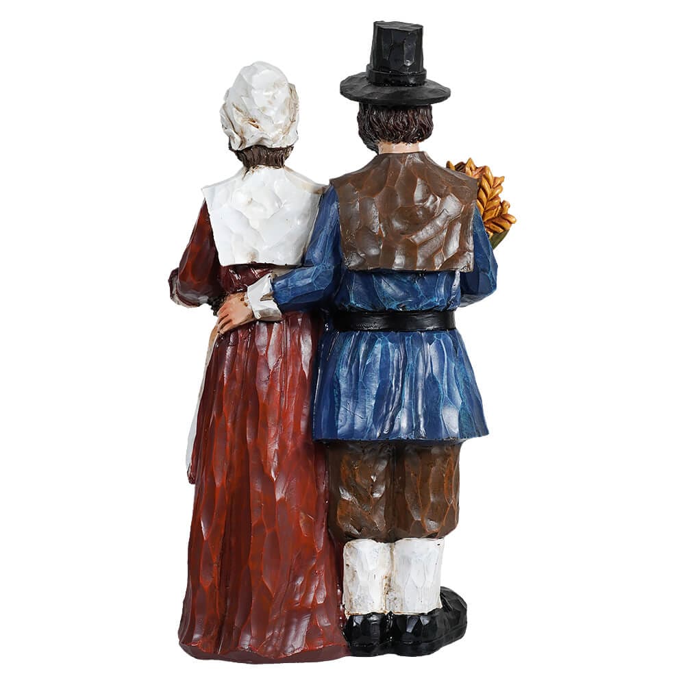 12" Resin Wood Carved Finish Harvest Pilgrim Couple - Image 3