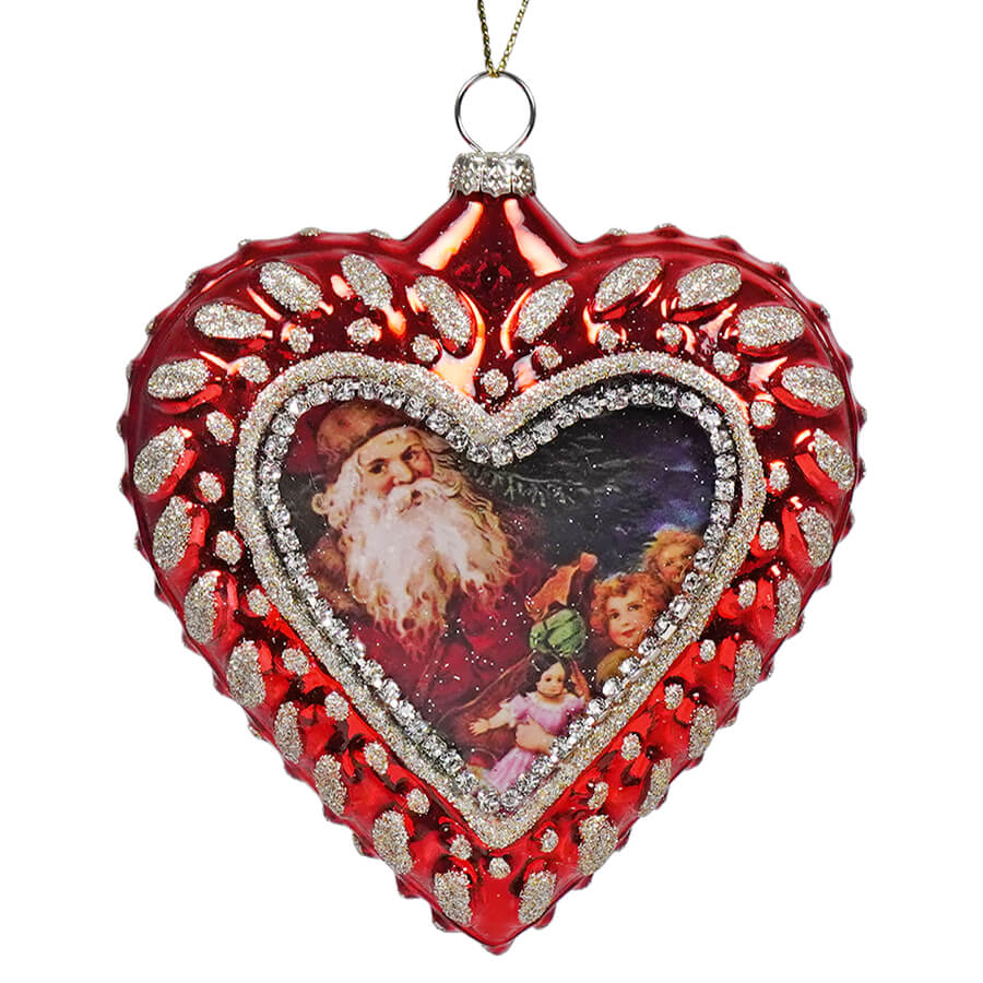Shimmer Glass Heart Old World Santa Ornament