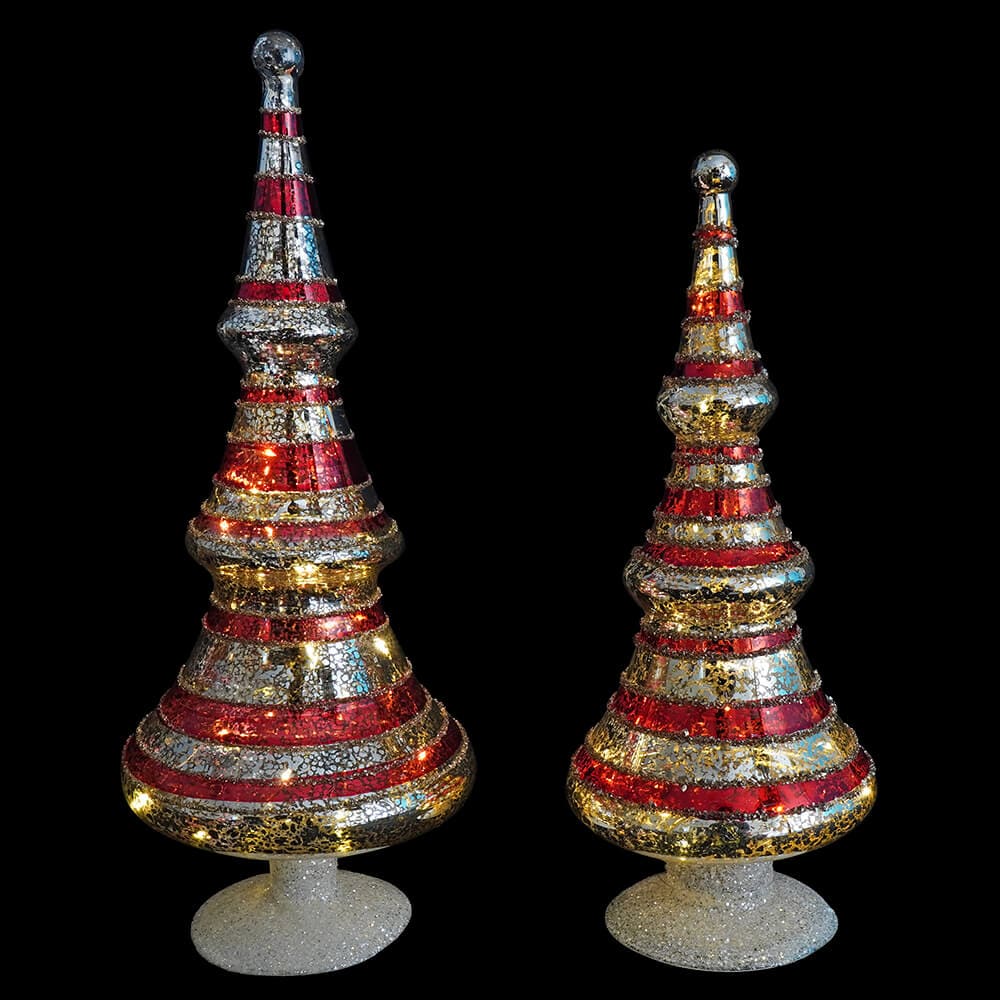 Silver Mercury Glass LED Trees With Red Glittered Stripes Set/2 - Image 2