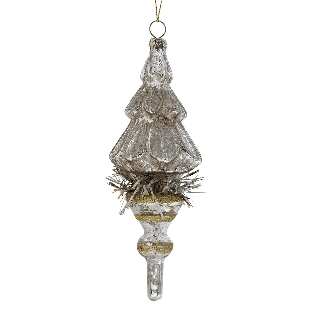 Silver Mercury Glass Tinsel Tree Ornament With Gold & Silver Accents