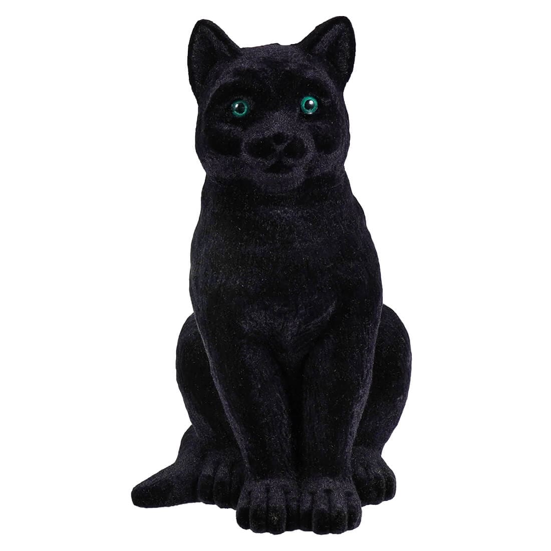 Sitting Flocked Green-Eyed Black Cat