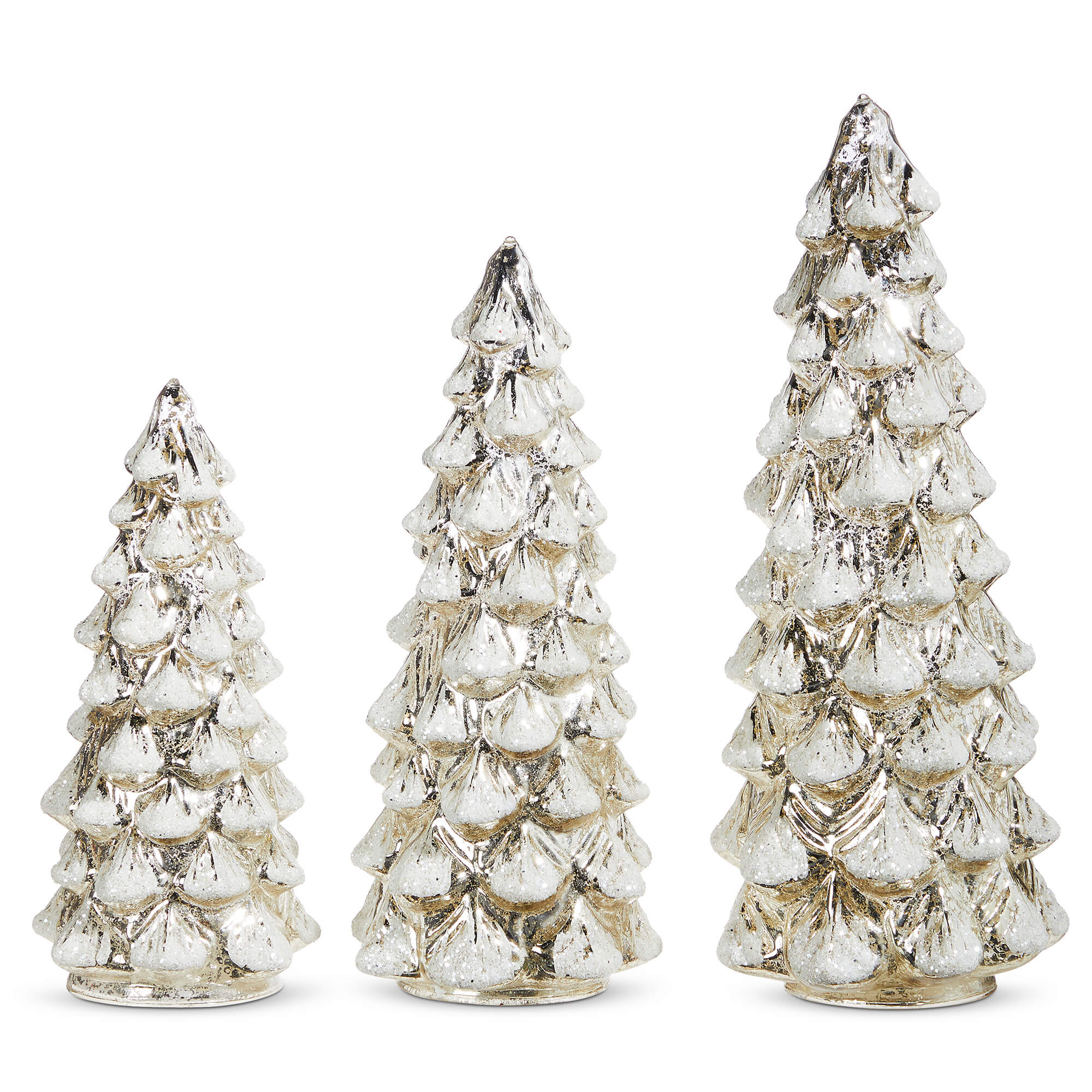 Snowy Silver Mercury Glass Lighted Trees Set/3