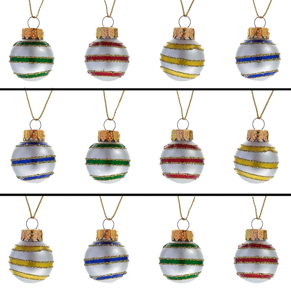Striped Miniature Multicolored Glass Ball Ornaments Set/12