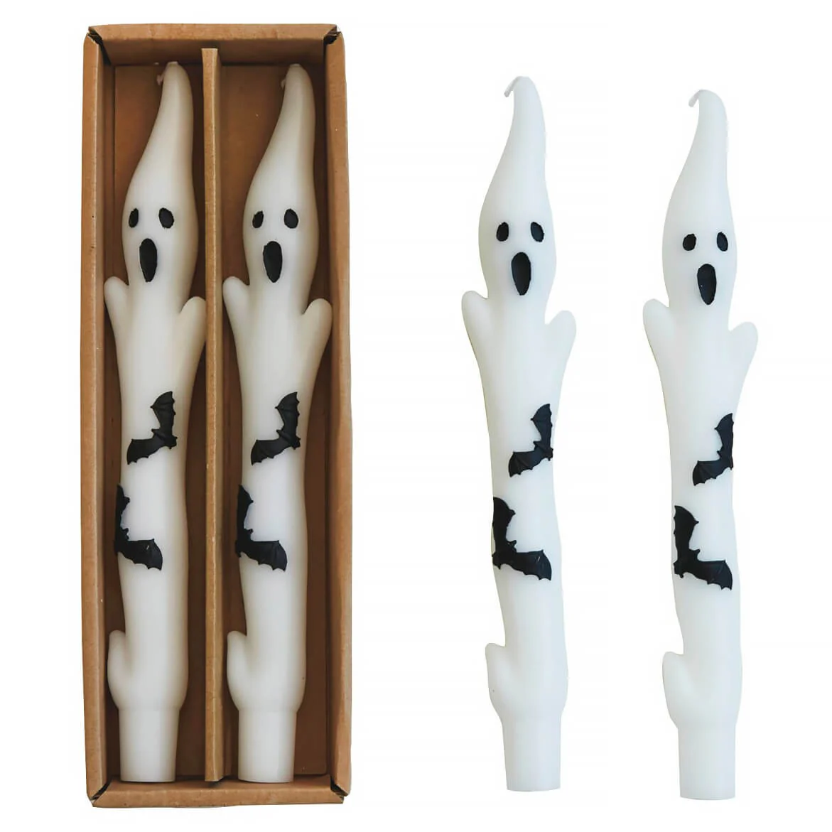 Unscented White & Black Ghost Shaped Taper Candles With Bats Boxed Set/2