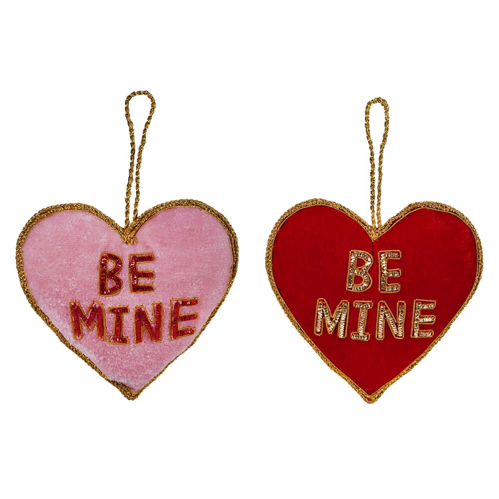Velvet Embroidered Pink & Red "Be Mine" Heart Ornaments Set/2