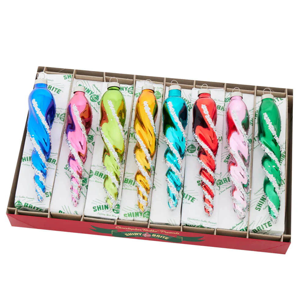 Vibrant Christmas Confetti Glittered Glass Icicle Ornaments Set/8