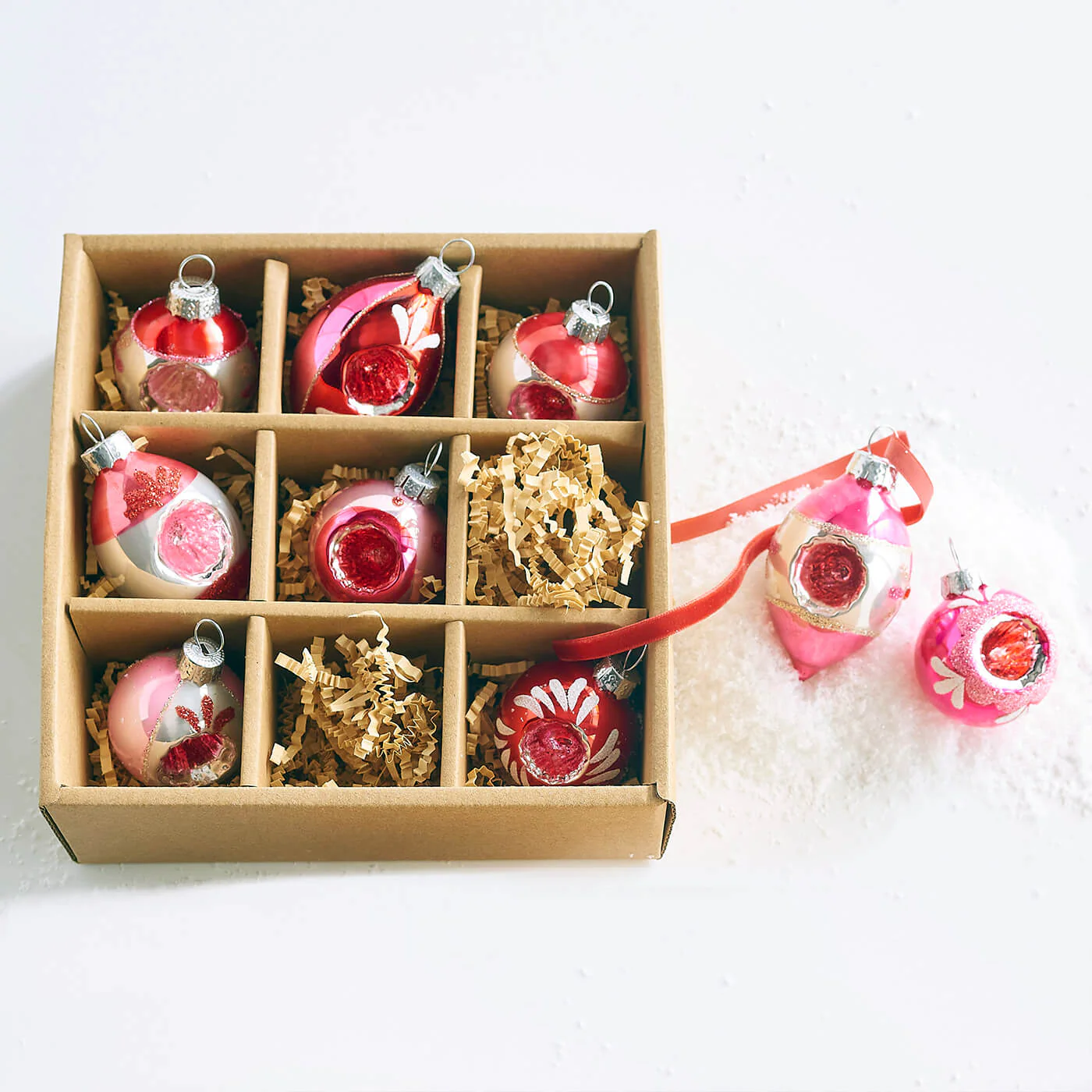 Vintage Pink Indent Reflector Ornaments Box Set/9 - Image 2