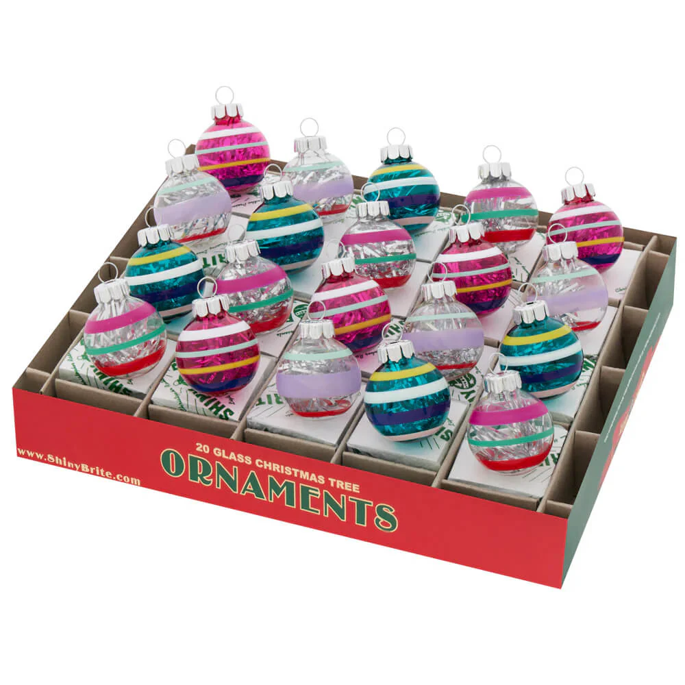 Vivid Vintage Striped Tinsel Round Ornaments Set/20