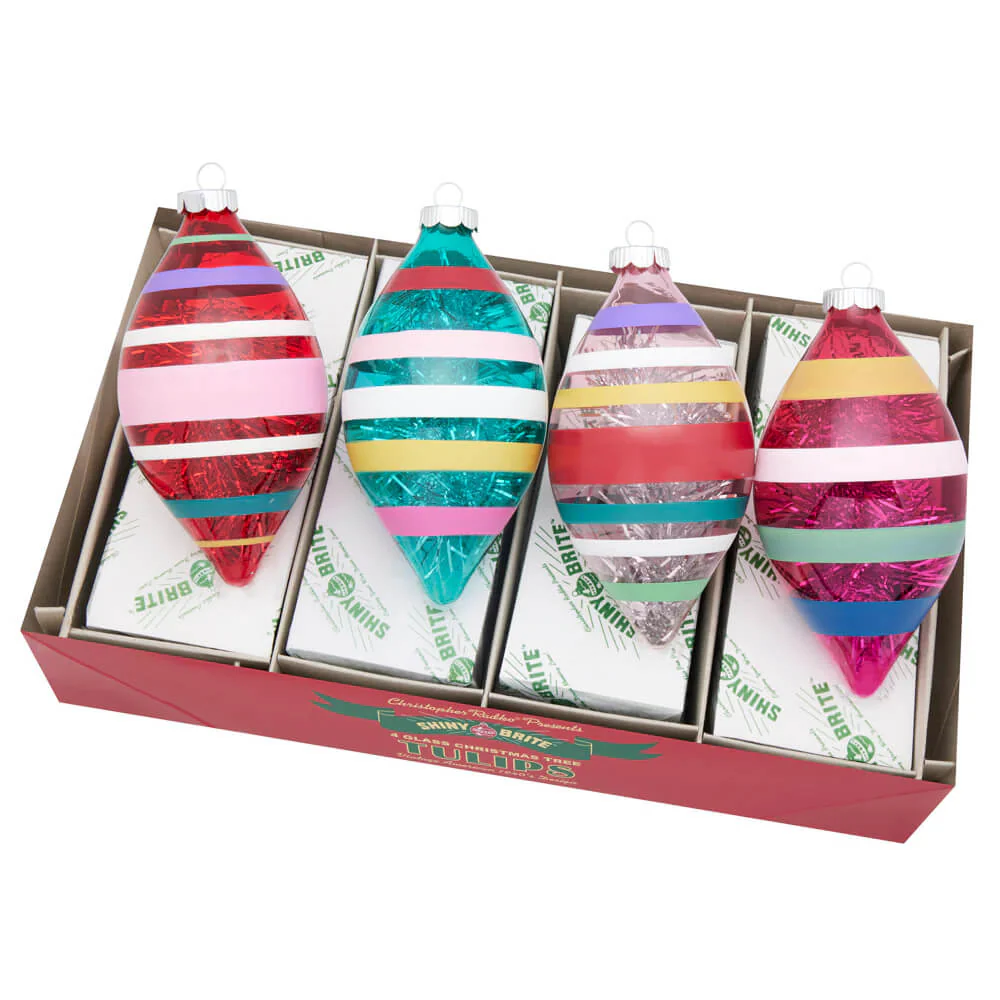 Vivid Vintage Striped & Tinsel Tulip Ornaments Set/4