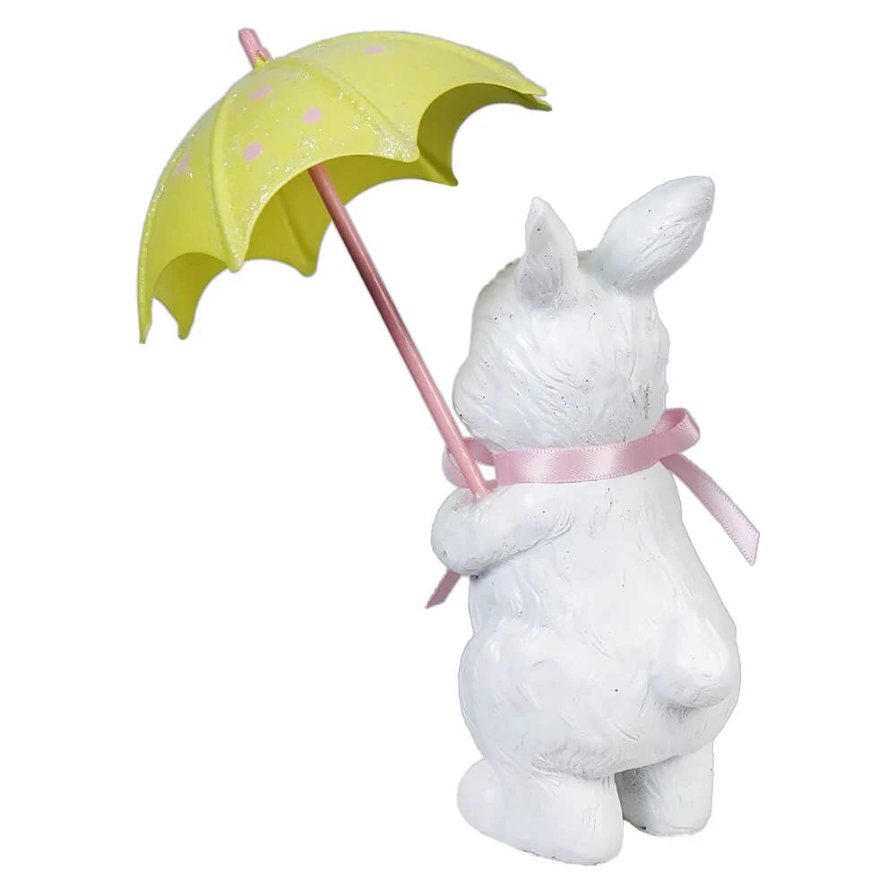 White Bunny With Pink Ribbon & Holding Green Umbrella - Image 2