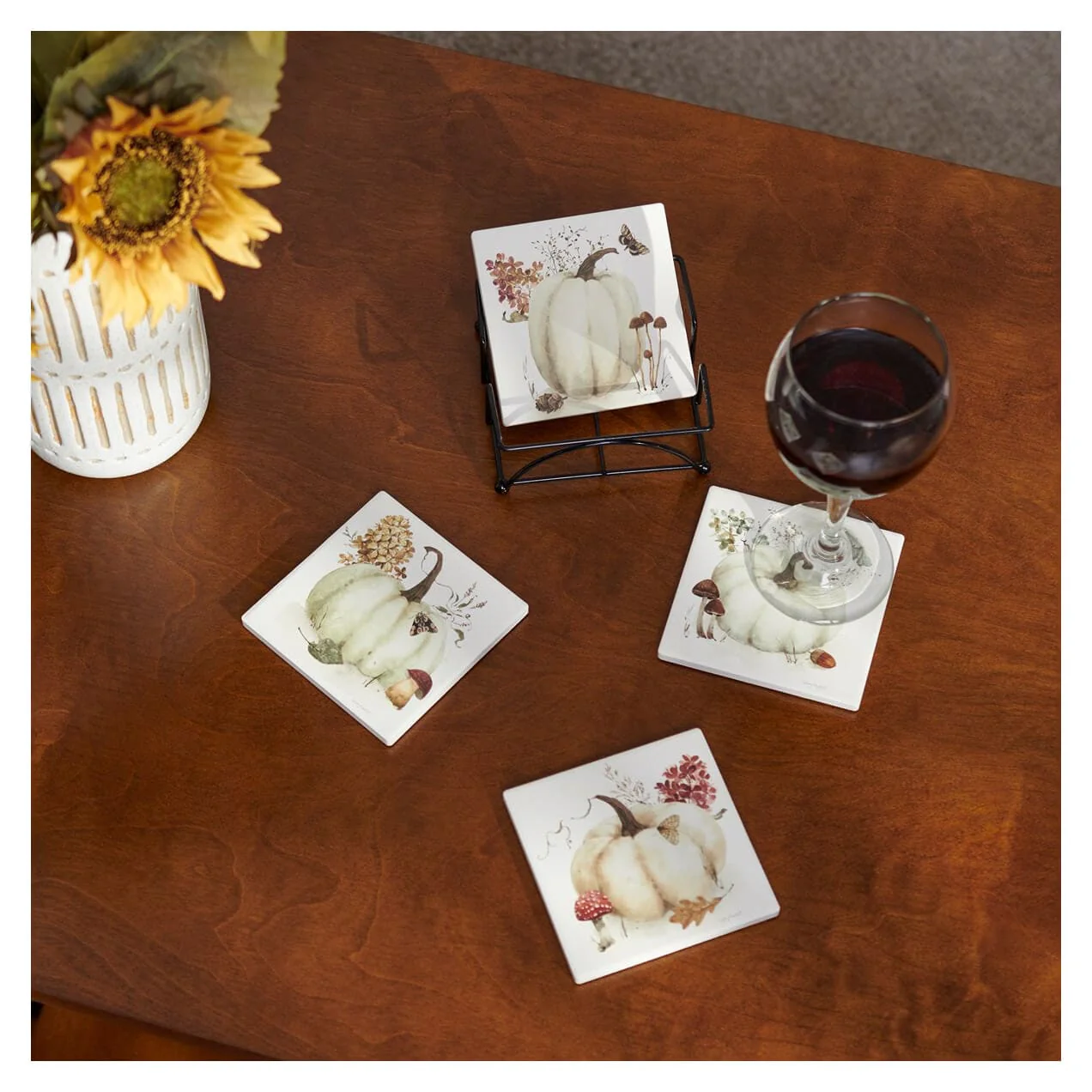 White Pumpkin & Fall Foliage Coasters Set/4 - Image 2