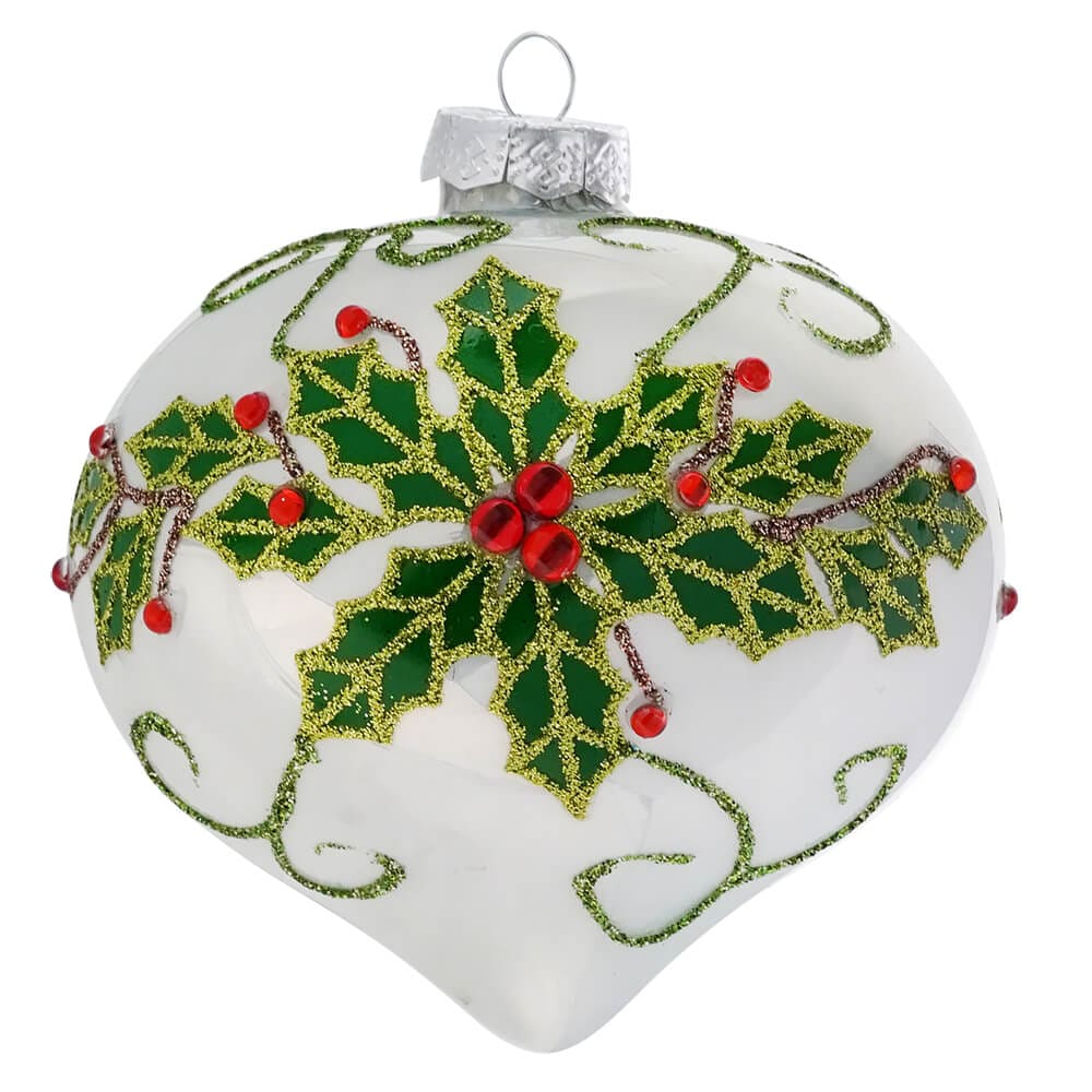 White With Holly Leaves & Red Jewels Design Glass Onion Ornament