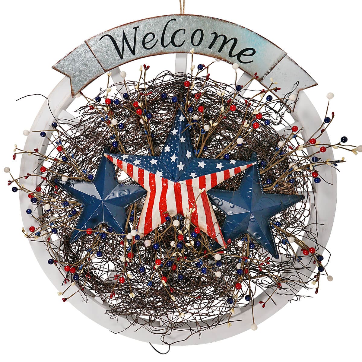 Welcome Wall Sign With Americana Wreath & Metal Stars