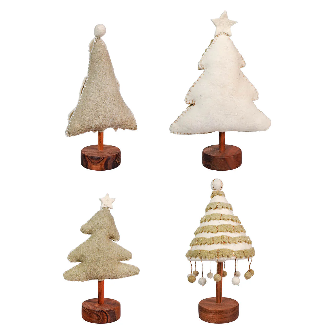 Wool Felt Christmas Trees With Applique, Pom Poms, Star & Wood Base Set/4 - Image 2