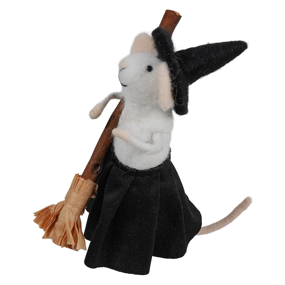 Wool Felt Witch Costume Trick-Or-Treat Mouse Holding Broom - Image 2